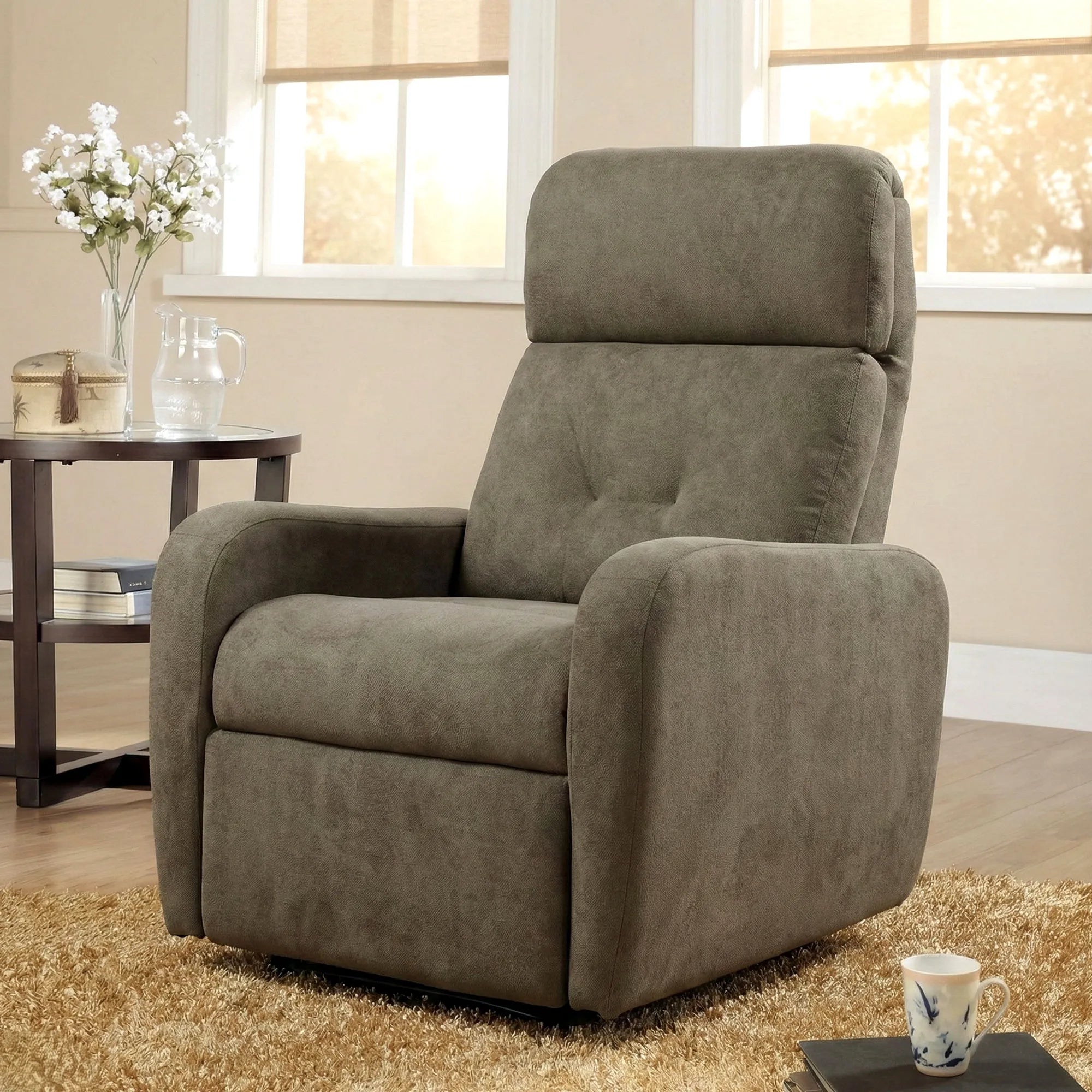 Hush Hiven EVA manual recliner chair brown fabric single seater placed near window with side table and decor